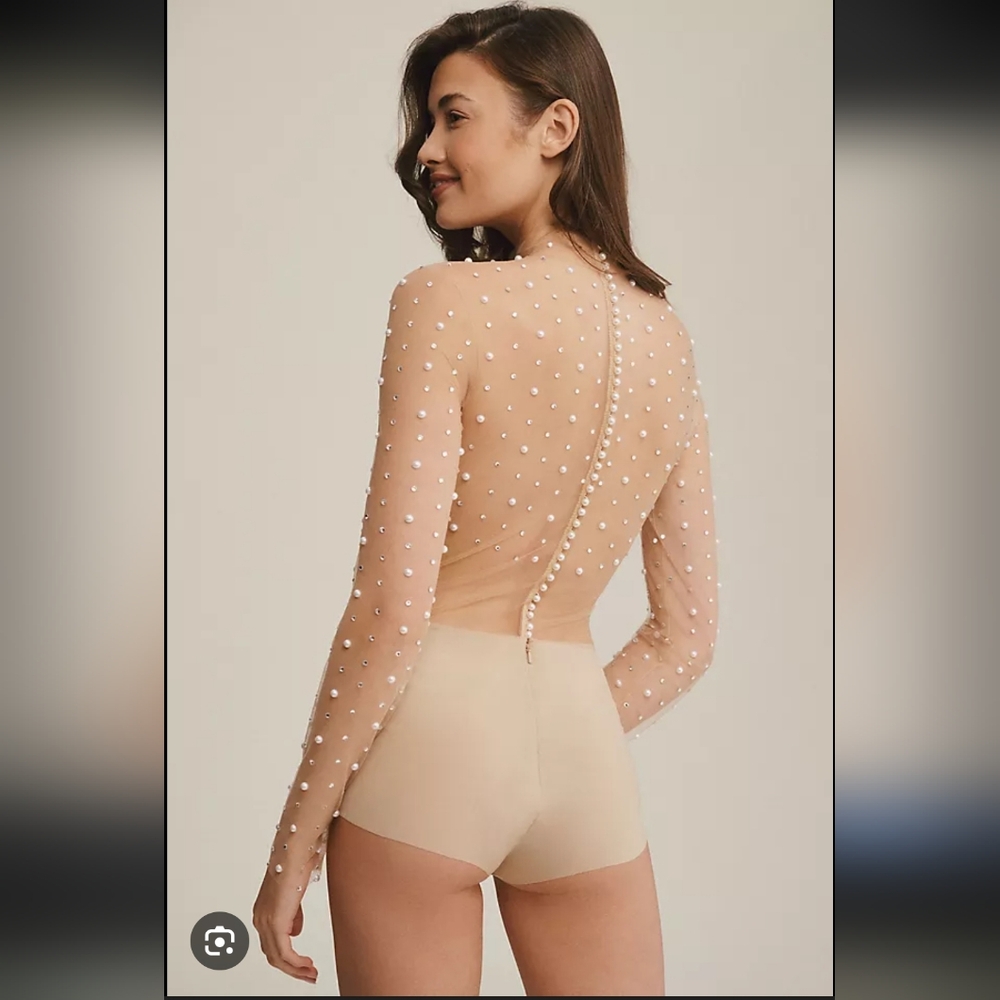 Watters Nude Pearl-Embellished Bodysuit